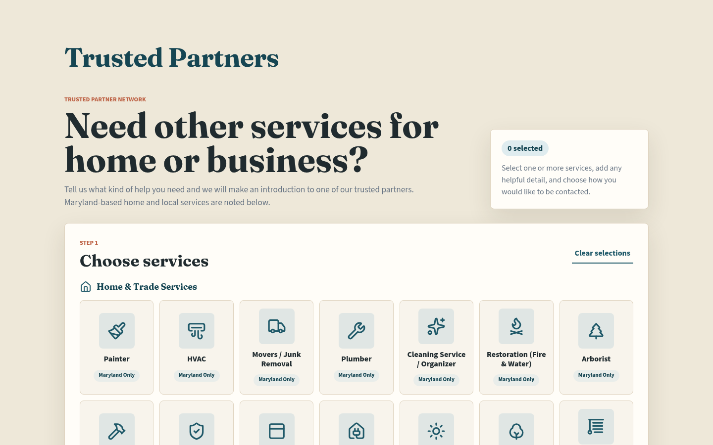 Trusted Partners referral form with selectable service tiles